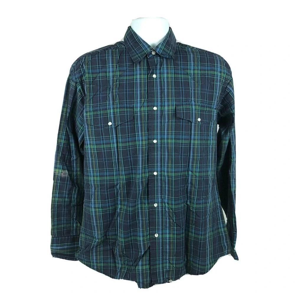 Wrangler‎ Western Shirt Men's Large Pearl Snaps Cowboy Rodeo Farm Ranch Blue L/S